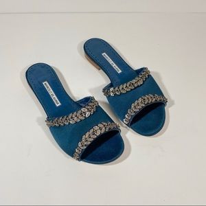 Manolo Blahnik Navy Triunslo Flats Sandals Slides Open Toe Embellished